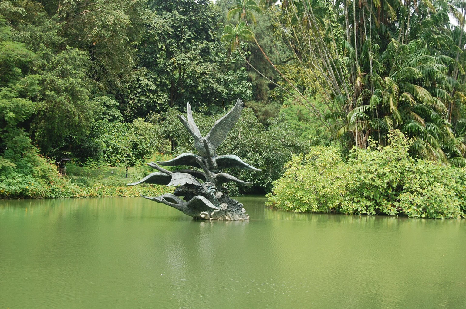 新加坡植物园内的开阔草地与成排高大树木，保留自然阳光和真实步行空间，作为寿险与退休生活支出的生活场景。